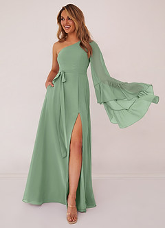 Barbie ♥ Azazie Bridesmaid Dresses Matcha A-Line Long Sleeve Chiffon Dress image1