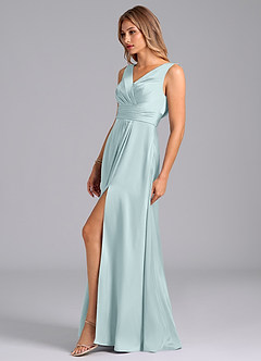 Azazie Karina Bridesmaid Dresses Mist A-Line Pleated Stretch Satin Dress image3