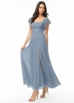 Azazie Bondi Bridesmaid Dresses Dusty Blue A-Line Ruched Chiffon Dress image3