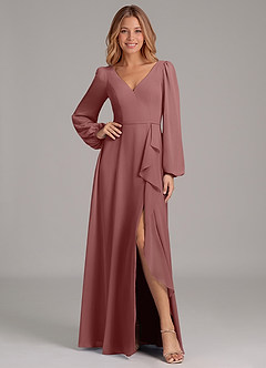 Azazie Simone Bridesmaid Dresses Desert Rose A-Line Long Sleeve Chiffon Dress image1