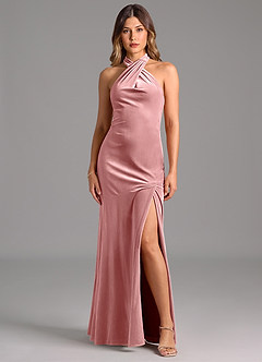Azazie Drita Robes de demoiselle d'honneur Robe Trapèze en velours Plissée Rose Poussiéreuse image4