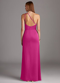 Azazie Mika Vestidos de damas de honor Vestido de Fucsia de Satén Elástico de Corte Recto con Hombro unilateral image2