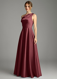 Azazie Xanthe Bridesmaid Dresses Merlot A-Line Off the Shoulder Stretch Satin Dress image4