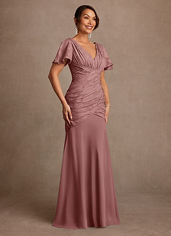 Azazie Jolene Mother of the Bride Dresses Dusty Rose Mermaid Pleated Floral Burnout Dress image3