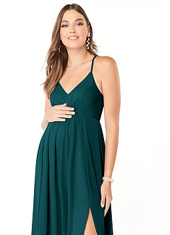 Azazie Annabelle Robes de demoiselle d'honneur de maternité Robe Trapèze Col V plissé Longueur ras du sol Maille image6