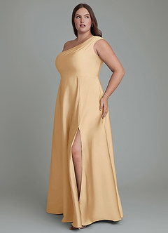 Azazie Melanie Bridesmaid Dresses Gold A-Line Off the Shoulder Stretch Satin Dress image11