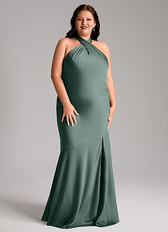 Azazie Lorena Bridesmaid Dresses Sea Moss Mermaid Pleated Stretch Satin Dress image9