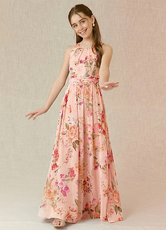 Azazie Bibiane Junior Robe Trapèze en Mousseline de soie Plissée Bouquet Florale Abstrait image4