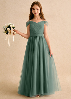 Azazie Yuna Girls Formal Flower Girl Dresses Eucalyptus A-Line Off the Shoulder Tulle Dress image3