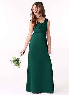 Azazie Sadia Junior Emerald A-Line Pleated Stretch Satin Dress image1