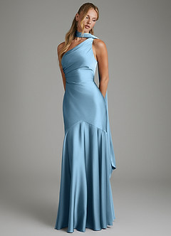 Azazie Amara Bridesmaid Dresses Steel Blue Mermaid One Shoulder Stretch Satin Dress image4