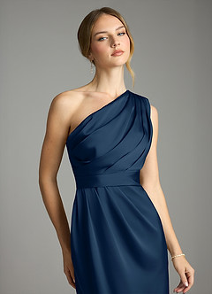 Azazie Emorie Final Sale Dark Navy Sheath One Shoulder Stretch Satin Dress image2