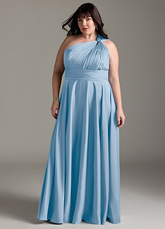 Azazie Charlize Abiti da Damigella Abito A-Line in Raso Elasticizzato Monospalla Azzurro Polvere image13