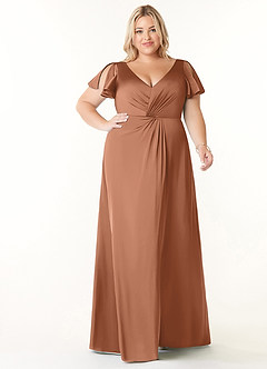 Azazie Soren Bridesmaid Dresses Bronzer A-Line Pleated Stretch Satin Dress image8