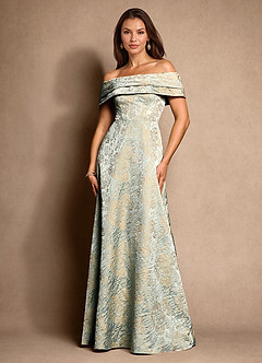 Azazie New Britain Vintage Blue A-Line Pleated Jacquard Dress
