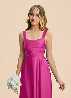 Azazie Azaria Junior Fuchsia A-Line Pleated Stretch Satin Dress image7