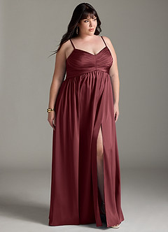 Azazie Alia Bridesmaid Dresses Merlot A-Line Pleated Stretch Satin Dress image12