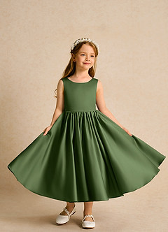 Azazie Doodlebug Flower Girl Dresses Olive A-Line Bow Matte Satin Dress image4