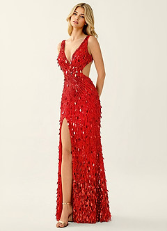 Veda Rouge Robe de bal sirène scintillante à col en V et fente haute image4