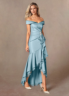 Azazie Billings Mother of the Bride Dresses Moody Blue Mermaid Off the Shoulder Stretch Satin Dress image6