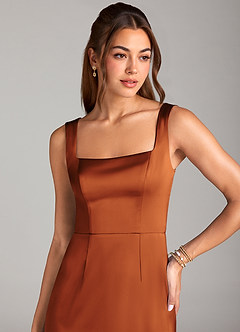 Azazie Flori Bridesmaid Dresses Cinnamon Sheath Side Slit Stretch Satin Dress image5