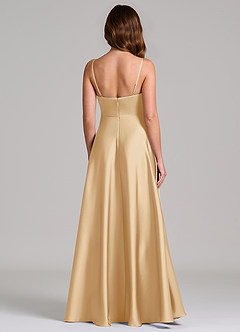 Azazie Amani Bridesmaid Dresses Gold A-Line Pleated Stretch Satin Dress image5