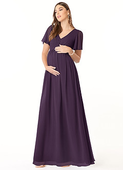 Azazie Verna Robes de demoiselle d'honneur de maternité Robe Trapèze Col V froncé Longueur ras du sol Mousseline de soie image3