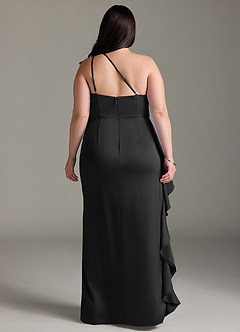 Azazie Latrice Robes de demoiselle d'honneur Robe Fourreau en Satin extensible Volants en cascade à une épaule Noir image7