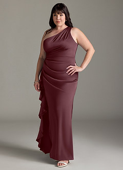 Azazie Latrice 신부 들러리 드레스 쉬스 한쪽 어깨 스트레치 새틴 바닥 길이 드레스 image8