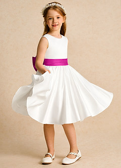 Azazie Sosie Flower Girl Dresses Ivory Fuchsia A-Line Pleated Matte Satin Dress image5