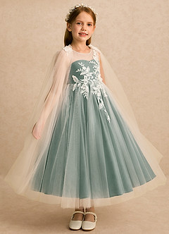 Azazie Amina Flower Girl Dresses Ivory Eucalyptus A-Line Lace Tulle Dress image6