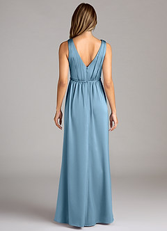 Azazie Tanicia Bridesmaid Dresses Steel Blue A-Line Pleated Stretch Satin Dress image2