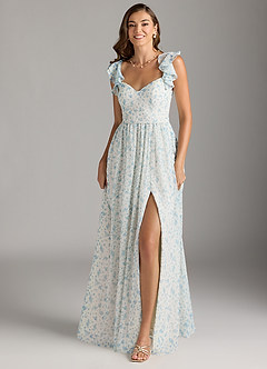 Azazie Nalin Bridesmaid Dresses Blue And White Ditsy Floral A-Line Ruched Chiffon Dress image5