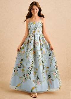 Azazie Lark Girls Formal Blomsterpigekjoler A-Line Plisseret Blonder Gulv-længde Kjole image1