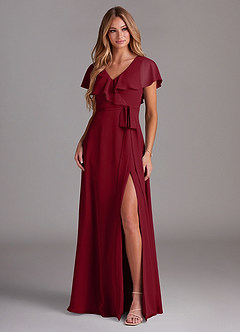 Azazie Lainey Bridesmaid Dresses Burgundy A-Line with Pockets Chiffon Dress image3