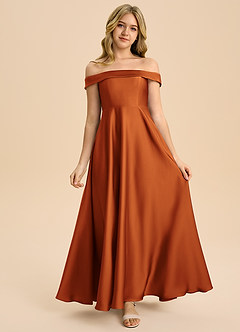 Azazie Sissy Junior Cinnamon A-Line Off the Shoulder Stretch Satin Dress image4