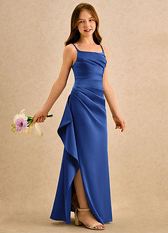 Azazie Cannoli Girls Formal Blumenmädchenkleider A-Linie Plissee Stretch-Satin Kleid Königsblau image1