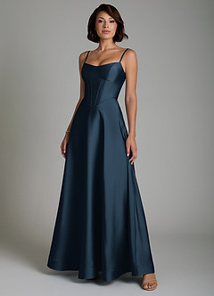 Azazie Nona Bridesmaid Dresses Dark Navy A-Line Pleated Stretch Satin Dress image6