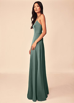 Azazie Mei Robes de demoiselle d'honneur Robe Trapèze en Satin extensible Col en V Mousse De Mer image4