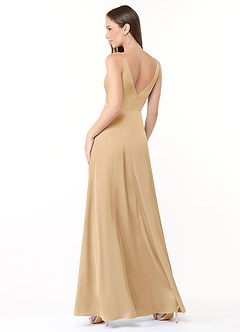 Azazie Dalilah Final Sale Gold A-Line V-Neck Pleated Stretch Satin Dress image2