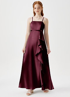 Azazie Kaylee Junior Robe Trapèze en Satiné métallisé avec ceinture Cabernet image3
