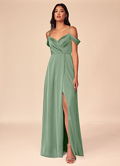 Azazie Ocean Brautjungfernkleider A-Linie V-Hals Gefaltet Stretch-Satin Kleid Matcha image1