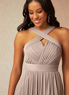Azazie Hillian Bridesmaid Dresses Taupe A-Line Halter Pleated Mesh Dress image5