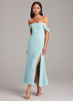 Azazie Saige Bridesmaid Dresses Sea Glass Sheath Off the Shoulder Chiffon Convertible Dress image3