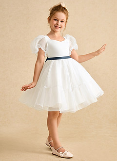 Azazie Debbie vestidos de niña de las flores Vestido de Marfil Azul Petróleo de Organza de Princesa con Escote de Corazón image4