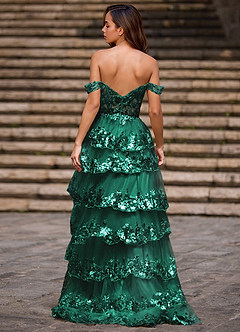 Glitz Verde Vestido de fiesta de corte A con volantes image2