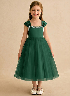 Azazie Yosemite Robe Demoiselle D'honneur Fillette Robe Princesse en Tulle Encolure en Forme de Cœur Vert Foncé image3