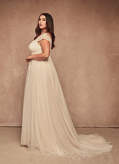Azazie Bellisima Wedding Dresses Diamond White Nude A-Line V-Neck Tulle Dress image4
