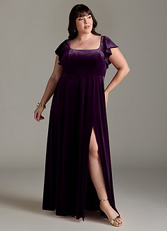 Azazie Bondi Bridesmaid Dresses Grape A-Line Side Slit Velvet Dress image7