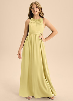Azazie Jaylah Junior Robe Trapèze en Satin extensible Plissée Sorbet Citron image1